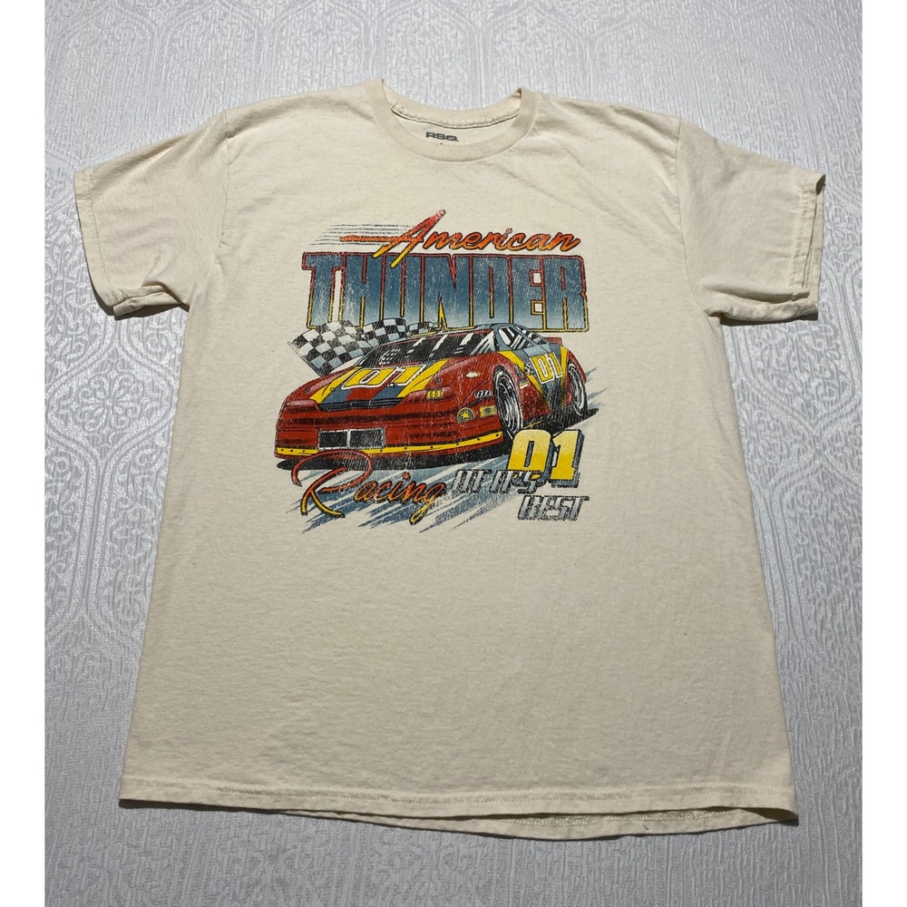 RSQ American Thunder Racing Graphic T-Shirt Mens Large Cream Cotton Short Sleeve